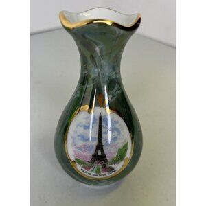 LIMOGES FRANCE GREEN EIFFEL TOWER PARIS MINIATURE VASE 3.75” BUD VASE WITH GOLD